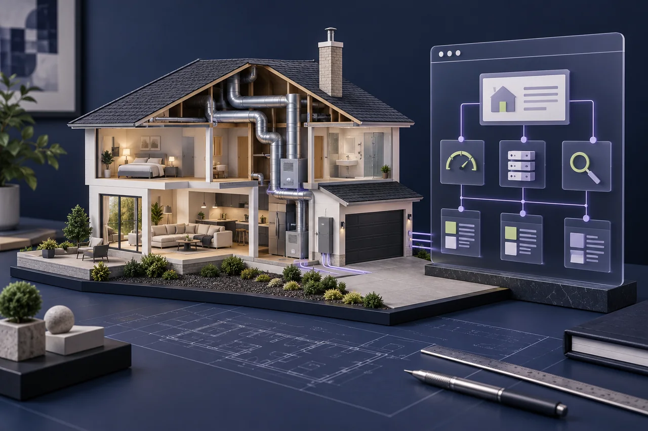 Home service website optimization illustrated by a house cutaway connected to website architecture, speed and search